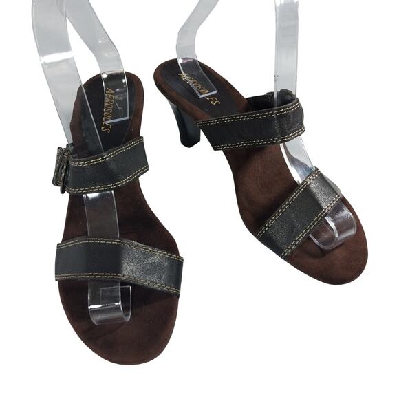 AEROSOLES! ESPRESSO BROWN GENUINE LEATHER CONTRAST STITCHED SANDALS! SZ 7M - Picture 2 of 11